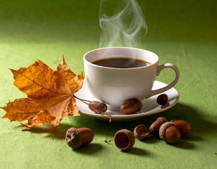 Steaming coffee in white cup with autumn leaves and acorns on a green backdrop