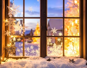 Window view showcasing a snow-covered scene with snowflakes and warm lights during dusk