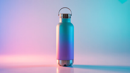 Stainless steel water bottle with vibrant purple pink and blue ombre gradient color against a minimal studio background hydration fitness and healthy lifestyle accessory