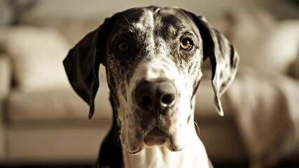 Close-up portrait of a harlequin Great Dane looking directly at the camera in a domestic living room setting