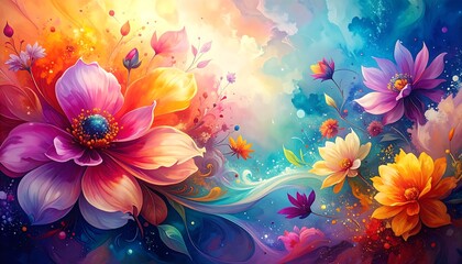 Obraz premium Vivid floral dreamscape with watercolor-like hues and radiant blossoms