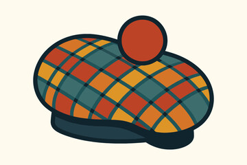 Cartoon illustration of a scottish flat cap with a tartan pattern and a pom-pom