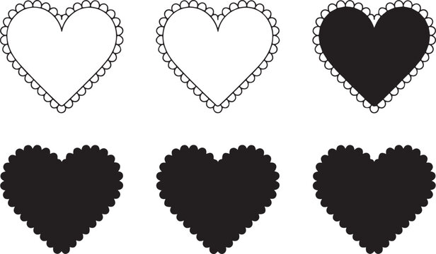 Scalloped edge heart shapes set. Simple heart scalloped border. Fabric laces silhouette frame. Repeat cute vintage frill ornament. Texture ribbons. Vector illustration isolated on white background
