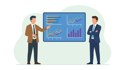 Businessmen presenting financial data on digital screen with charts and graphs