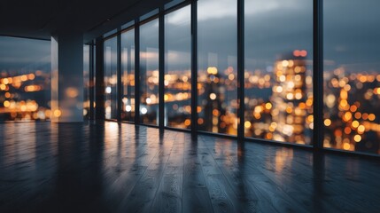 Fototapeta premium A city skyline is visible through a large window in a building. The city lights are reflected in the window, creating a warm and inviting atmosphere
