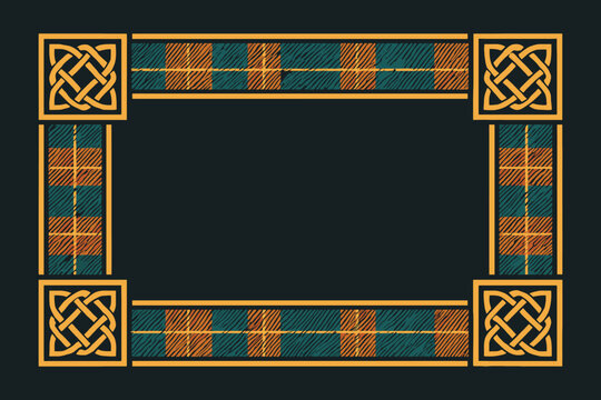 Traditional scottish tartan and celtic knot frame on a dark background