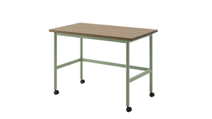 Fototapeta premium Brown Wooden Table with Green Metal Frame on Wheels