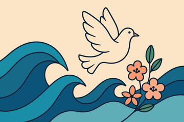 A symbolic illustration of a dove flying above rolling blue waves and blooming flowers