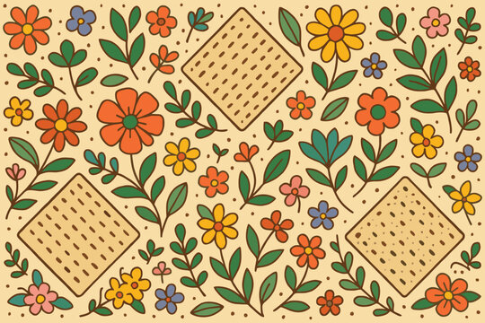 Colorful spring pattern with matzah crackers and blooming flowers for passover celebration