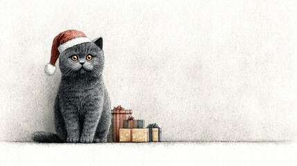 Adorable gray kitten wearing a festive Santa hat with gifts