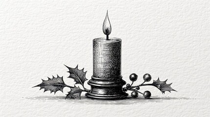 Elegant lit candle with festive holly branch on textured paper