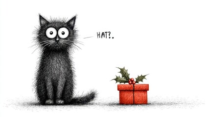 Fluffy black cat stares at a small red gift with holly