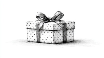 Detailed pencil sketch of a patterned gift box with a ribbon bow