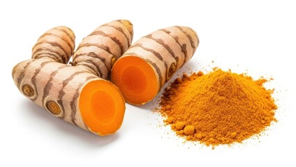 Turmeric roots and powder displayed on a white background.