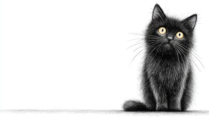 Fluffy black kitten with wide yellow eyes looks up with curiosity