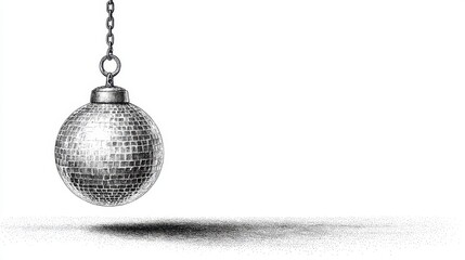 Glittering disco ball suspended by chain casts shadow on white background