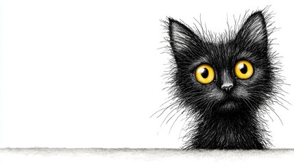 Fluffy black kitten with wide yellow eyes peeking over edge