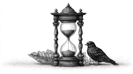 Ornate hourglass with bird and foliage, stark, detailed monochrome illustration
