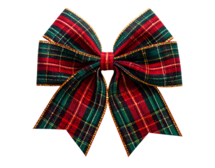 Festive plaid fabric bow, red and green, gold trim, perfect for holiday decor