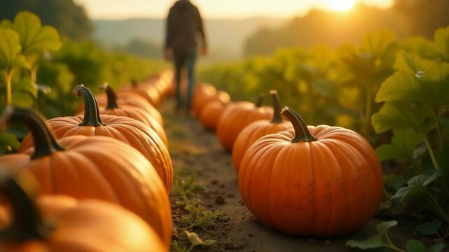 Footage A person strolling through a vibrant field of pumpkins, ideal for fall-themed designs