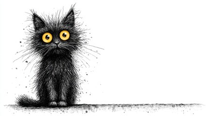 A fluffy, wide-eyed black kitten looks startled