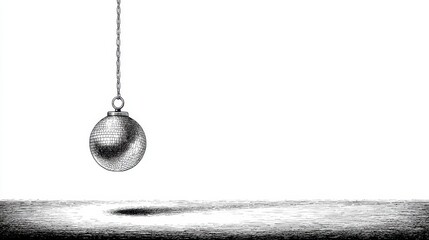 A metallic sphere suspended by a chain casts a shadow on a textured surface