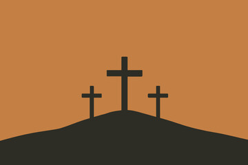 Three crosses silhouette on a hill, a minimalist representation of golgotha at sunset