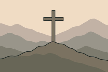 A stylized illustration showing a christian cross on a prominent hill against a backdrop of layered mountains