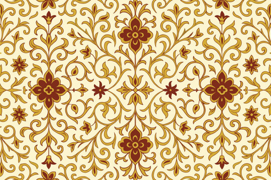 Ornate traditional damask style seamless floral pattern in rich gold and red colors