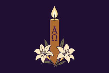 A religious illustration featuring a paschal candle with alpha omega symbols and white lilies