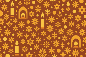 Warm and festive seamless pattern featuring candles, traditional arches, and floral motifs