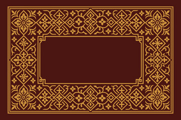 Ornate golden decorative frame with intricate arabesque pattern on a maroon background