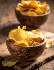 Two wooden bowls overflow with golden, crispy, thinly-sliced chips