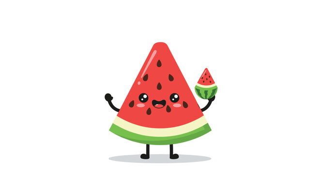 Cheerful cartoon watermelon slice with a smiling face arms and legs stands proudly holding a tiny watermelon piece and casts a gentle gray shadow on the ground.