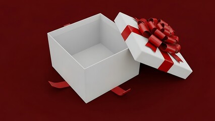 Empty white gift box with red ribbon on red background