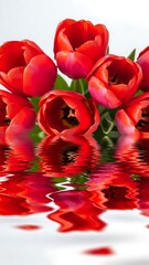 Vibrant red tulips reflected in water