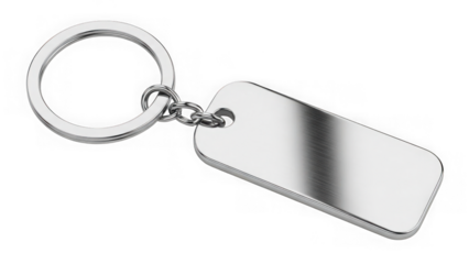 Silver keychain with blank tag for personalization isolated on transparent background