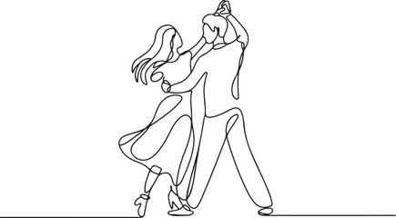 Single one line drawing happy cute married man and woman dancing on the floor at party park. Romantic young wedding couple holding hands and spinning around