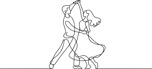 Single one line drawing happy cute married man and woman dancing on the floor at party park. Romantic young wedding couple holding hands and spinning around. Continuous line draw design graphic vector