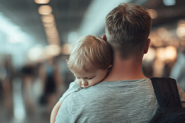 Obraz premium Father carrying sleeping child on shoulder view from behind in airport soft lighting relaxed atmosphere travel family bond casual clothing blurred background peaceful moment