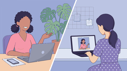 Two women connecting online through video call on laptops for remote work