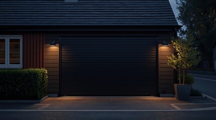 Luxury Home Garage Entrance with Paved Driveway and Trimmed Hedges