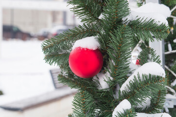 Christmas decorations on the city streets. Christmas baubles.