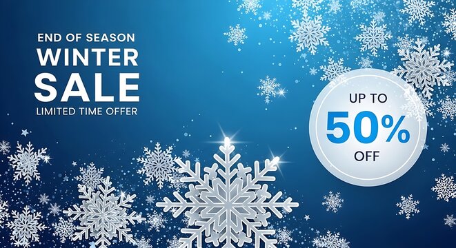 Winter sale advertisement with snowflakes and 50% off offer