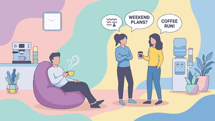 Coworkers taking a coffee break, discussing weekend plans in office lounge