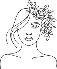 Trendy woman's face fashion illustration in one line art style. Continuous art modern vector illustration with face silhouette and floral wreath on white background. Tattoo, print or fashion concept