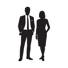 A striking silhouette depicts a formally dressed man and woman standing side by side conveying a sense of partnership and sophistication