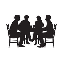 a silhouette depiction of four individuals seated around a square table engaged in conversation suggesting a meeting or discussion