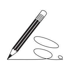 A simple black and white illustration depicts a pencil drawing a looping line symbolizing creativity and the process of writing