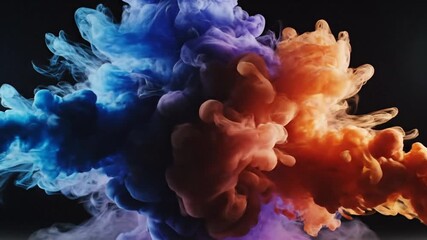 Abstract Colorful Smoke Explosion with Blue Purple and Orange Smoke against a Dark Background.